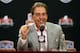 FORT LAUDERDALE, FL - JANUARY 08: Head coach Nick Saban of the Alabama Crimson Tide speaks to the media during the Discover BCS National Championship Press Conference at the Harbor Beach Marriott on January 8, 2013 in Fort Lauderdale, Florida. (Photo by Streeter Lecka/Getty Images)