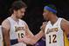LOS ANGELES, CA - JANUARY 27: Pau Gasol #16 and Dwight Howard #12 of the Los Angeles Lakers celebrate a play during a 106-95 win over the Oklahoma City Thunder at Staples Center on January 27, 2013 in Los Angeles, California. NOTE TO USER: User expressly acknowledges and agrees that, by downloading and or using this photograph, User is consenting to the terms and conditions of the Getty Images License Agreement. (Photo by Harry How/Getty Images)