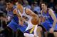 OAKLAND, CA - JANUARY 23: Stephen Curry #30 of the Golden State Warriors dribbles the ball against the Oklahoma City Thunder at Oracle Arena on January 23, 2013 in Oakland, California. NOTE TO USER: User expressly acknowledges and agrees that, by downloading and or using this photograph, User is consenting to the terms and conditions of the Getty Images License Agreement. (Photo by Ezra Shaw/Getty Images)