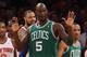 NEW YORK, NY - JANUARY 07: Kevin Garnett #5 of the Boston Celtics signals to the ref during the game against the New York Knicks at Madison Square Garden on January 7, 2013 in New York City. NOTE TO USER: User expressly acknowledges and agrees that, by downloading and/or using this photograph, user is consenting to the terms and conditions of the Getty Images License Agreement. The Celtics defeated the Knicks 102-96. (Photo by Bruce Bennett/Getty Images)