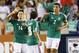 HOUSTON, TX - OCTOBER 12: Andres Guadardo #18 of Mexico celebrates his goal with Javier Hernandez #14 and Javier Rodrigues #2 against Guyana at BBVA Compass Stadium on October 12, 2012 in Houston, Texas. Mexico defeated Guyana 5-0. (Photo by Bob Levey/Getty Images)