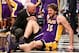 Feb. 5, 2013; Brooklyn, NY, USA; Los Angeles Lakers power forward Pau Gasol (16) is checked by the trainer after an apparent injury on the court against the Brooklyn Nets during the second half at Barclays Center. Lakers won 92-83. Mandatory Credit: Debby Wong-USA TODAY Sports