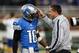 Nov 18, 2012; Detroit, MI, USA; Detroit Lions head coach Jim Schwartz and wide receiver Titus Young (16) chat before the game between the Detroit Lions and Green Bay Packers at Ford Field. Mandatory Credit: Raj Mehta-USA TODAY Sports