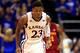 LAWRENCE, KS - JANUARY 09: Ben McLemore #23 of the Kansas Jayhawks reacts after sinking a three-pointer during the game against the Iowa State Cyclones at Allen Fieldhouse on January 9, 2013 in Lawrence, Kansas. (Photo by Jamie Squire/Getty Images)