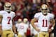 ATLANTA, GA - JANUARY 20: Quarterbacks Colin Kaepernick #7 and quarterback Alex Smith #11 of the San Francisco 49ers warm up before taking on the Atlanta Falcons in the NFC Championship game at the Georgia Dome on January 20, 2013 in Atlanta, Georgia. (Photo by Streeter Lecka/Getty Images)