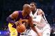 Feb. 5, 2013; Brooklyn, NY, USA; Los Angeles Lakers point guard Steve Nash (10) dribbles past Brooklyn Nets shooting guard Joe Johnson (7) during the first half at Barclays Center. Mandatory Credit: Debby Wong-USA TODAY Sports