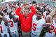 EAST LANSING, MI - SEPTEMBER 29: Head coach Urban Meyer of the Ohio State Buckeyes celebrates with his players after beating the Michigan State Spartans 17-16 at Spartan Stadium on September 29, 2012 in East Lansing, Michigan. (Photo by Gregory Shamus/Getty Images)