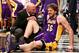 Feb. 5, 2013; Brooklyn, NY, USA; Los Angeles Lakers power forward Pau Gasol (16) is checked by the trainer after an apparent injury on the court against the Brooklyn Nets during the second half at Barclays Center. Lakers won 92-83. Mandatory Credit: Debby Wong-USA TODAY Sports