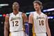 November 18, 2012; Los Angeles, CA, USA; Los Angeles Lakers center Dwight Howard (12) and power forward Pau Gasol (16) laugh during the game against the Houston Rockets at the Staples Center. Lakers won 119-108. Mandatory Credit: Jayne Kamin-Oncea-USA TODAY Sports