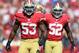 Oct 7, 2012; San Francisco, CA, USA; San Francisco 49ers linebackers NaVorro Bowman (53) and Patrick Willis (52) react after a tackle in the first quarter against the Buffalo Bills at Candlestick Park. The 49ers defeated the Bills 45-3. Mandatory Credit: Kirby Lee/Image of Sport-USA TODAY Sports