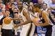May 7, 2012; Salt Lake City, UT, USA; Utah Jazz center Al Jefferson (25) is defended by San Antonio Spurs center Tim Duncan (21) during the first half of game four in the Western Conference quarterfinals of the 2012 NBA Playoffs at EnergySolutions Arena. Mandatory Credit: Russ Isabella-USA TODAY Sports