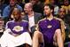 Feb. 5, 2013; Brooklyn, NY, USA; Los Angeles Lakers shooting guard Kobe Bryant (left) and power forward Pau Gasol (16) react on the bench against the Brooklyn Nets during the first half at Barclays Center. Mandatory Credit: Debby Wong-USA TODAY Sports