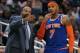 January 5, 2013; Orlando FL, USA; New York Knicks head coach Mike Woodson talks with small forward Carmelo Anthony (7) during the second quarter at Amway Center. Mandatory Credit: Kim Klement-USA TODAY Sports