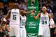 BOSTON, MA - JANUARY 30: Kevin Garnett #5 of the Boston Celtics congratulates teammate Paul Pierce #34 of the Boston Celtics during the game against the Sacramento Kings on January 30, 2013 at TD Garden in Boston, Massachusetts. NOTE TO USER: User expressly acknowledges and agrees that, by downloading and or using this photograph, User is consenting to the terms and conditions of the Getty Images License Agreement. (Photo by Jared Wickerham/Getty Images)