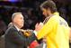 Nov 20, 2012; Los Angeles, CA, USA; Los Angeles Lakers coach Mike D'Antoni (left) and forward Pau Gasol during the game against the Brooklyn Nets at the Staples Center. Mandatory Credit: Kirby Lee/Image of Sport-USA TODAY Sports