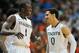 Feb 9, 2013; Coral Gables, FL, USA; Miami Hurricanes guard Shane Larkin (right) celebrates with teammate guard Durand Scott (left) during the second half against North Carolina Tar Heels at the BankUnited Center. Miami won 87-61. Mandatory Credit: Steve Mitchell-USA TODAY Sports