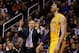 Jan. 30, 2013; Phoenix, AZ, USA: Los Angeles Lakers head coach Mike D'Antoni gestures towards forward Pau Gasol (16) against the Phoenix Suns at the US Airways Center. Mandatory Credit: Mark J. Rebilas-USA TODAY Sports