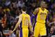 Jan. 30, 2013; Phoenix, AZ, USA: Los Angeles Lakers center Dwight Howard (12) and guard Steve Nash (10) against the Phoenix Suns at the US Airways Center. Mandatory Credit: Mark J. Rebilas-USA TODAY Sports
