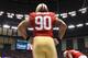 Feb 3, 2013; New Orleans, LA, USA; San Francisco 49ers nose tackle Isaac Sopoaga (90) before Super Bowl XLVII against the Baltimore Ravens at the Mercedes-Benz Superdome. Mandatory Credit: Mark J. Rebilas-USA TODAY Sports