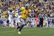 MORGANTOWN, WV - NOVEMBER 03: Tavon Austin #1 of the West Virginia Mountaineers catches a forty three yard touchdown pass against the TCU Horned Frogs during the game on November 3, 2012 at Mountaineer Field in Morgantown, West Virginia. (Photo by Justin K. Aller/Getty Images)