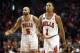 May 26, 2011; Chicago, IL, USA; Chicago Bulls guard Derrick Rose (1) and forward Carlos Boozer (5) during the first quarter in game six of the eastern conference finals of the 2011 NBA playoffs against the Miami Heat at the United Center. Mandatory Credit: Mike DiNovo-USA TODAY Sports