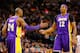 BOSTON, MA - FEBRUARY 7: Dwight Howard #12 of the Los Angeles Lakers is congratulated by teammate Kobe Bryant #24 of the Los Angeles Lakers against the Boston Celtics during the game on February 7, 2013 at TD Garden in Boston, Massachusetts. NOTE TO USER: User expressly acknowledges and agrees that, by downloading and or using this photograph, User is consenting to the terms and conditions of the Getty Images License Agreement. (Photo by Jared Wickerham/Getty Images)