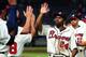 ATLANTA, GA - SEPTEMBER 16: Michael Bourn #24 of the Atlanta Braves celebrates with teammates after the game against the Washington Nationals at Turner Field on September 16 2012 in Atlanta, Georgia. (Photo by Scott Cunningham/Getty Images)