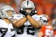 Sept 12, 2011; Englewood, CO, USA; Oakland Raiders defensive tackle Richard Seymour (92) reacts after a sack during the second quarter against the Denver Broncos at Sports Authority Field. Mandatory Credit: Ron Chenoy-USA TODAY Sports