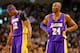 BOSTON, MA - FEBRUARY 7: Kobe Bryant #24 and Dwight Howard #12 of the Los Angeles Lakers look on following a foul against the Boston Celtics during the game on February 7, 2013 at TD Garden in Boston, Massachusetts. NOTE TO USER: User expressly acknowledges and agrees that, by downloading and or using this photograph, User is consenting to the terms and conditions of the Getty Images License Agreement. (Photo by Jared Wickerham/Getty Images)