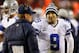 LANDOVER, MD - DECEMBER 30: Head coach Jason Garrett talks to Tony Romo #9 of the Dallas Cowboys after they failed to convert on a third down against the Washington Redskins at FedExField on December 30, 2012 in Landover, Maryland. (Photo by Rob Carr/Getty Images)