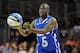 Feb 24, 2012; Orlando, FL, USA; Entertainer and comedian Kevin Hart (5) throws the ball during the 2012 NBA All-Star Celebrity Game at the Orange County Convention Center. Mandatory Credit: Bob Donnan-USA TODAY Sports