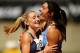 SYDNEY, AUSTRALIA - MARCH 16: Michelle Jenneke (R) of NSW celebrates with 2nd placegetter Abble Taddeo (L) of NSW after winning the Womens U20 100m Hurdles Final during day three of the Australian Junior Athletics Championships at Sydney Olympic Park Athletic Centre on March 16, 2012 in Sydney, Australia. (Photo by Matt King/Getty Images)