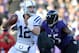 BALTIMORE, MD - JANUARY 06: Quarterback Andrew Luck #12 of the Indianapolis Colts is hit by linebacker Terrell Suggs #55 of the Baltimore Ravens during the AFC Wild Card Playoff Game at M&T Bank Stadium on January 6, 2013 in Baltimore, Maryland. (Photo by Patrick Smith/Getty Images)