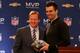 NEW ORLEANS, LA - FEBRUARY 04: (L-R) NFL Commissioner Roger Goodell and quarterback Joe Flacco of the Baltimore Ravens pose with the MVP trophy during the Super Bowl XLVII Team Winning Coach and MVP Press Conference at the Ernest N. Morial Convention Center on February 4, 2013 in New Orleans, Louisiana. (Photo by Christian Petersen/Getty Images)