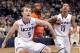 Feb 13, 2013; Hartford, CT, USA; Connecticut Huskies guard/forward Niels Giffey (5) and Connecticut Huskies guard Shabazz Napier (13) work for the rebound against Syracuse Orange forward James Southerland (43) during the second half at the XL Center. UConn defeated the Syracuse Orange 66-58. Mandatory Credit: David Butler II-USA TODAY Sports