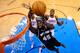 OKLAHOMA CITY, OK - JUNE 02: Serge Ibaka #9 of the Oklahoma City Thunder blocks the attempted layup by DeJuan Blair #45 of the San Antonio Spurs in the second half in Game Four of the Western Conference Finals of the 2012 NBA Playoffs at Chesapeake Energy Arena on June 2, 2012 in Oklahoma City, Oklahoma. NOTE TO USER: User expressly acknowledges and agrees that, by downloading and or using this photograph, User is consenting to the terms and conditions of the Getty Images License Agreement. (Photo by Larry W. Smith/Pool/Getty Images)