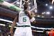 BOSTON, MA - FEBRUARY 13: Kevin Garnett #5 of the Boston Celtics reacts following a foul against the Chicago Bulls during the game on February 13, 2013 at TD Garden in Boston, Massachusetts. NOTE TO USER: User expressly acknowledges and agrees that, by downloading and or using this photograph, User is consenting to the terms and conditions of the Getty Images License Agreement. (Photo by Jared Wickerham/Getty Images)