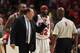 CHICAGO, IL - APRIL 28: Head coach Tom Thibodeau of the Chicago Bulls argues with referee Derrick Stafford #9 as Carlos Boozer #5 and Richard Hamilton #32 listen in against the Philadelphia 76ers in Game One of the Eastern Conference Quarterfinals during the 2012 NBA Playoffs at the United Center on April 28, 2012 in Chicago, Illinois. The Bulls defeated the 76ers 103-91. NOTE TO USER: User expressly acknowledges and agrees that, by downloading and or using this photograph, User is consenting to the terms and conditions of the Getty Images License Agreement. (Photo by Jonathan Daniel/Getty Images)
