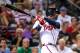 August 15, 2012; Atlanta, GA, USA; Atlanta Braves right fielder Jason Heyward (22) hits a two-RBI double in the fourth inning against the San Diego Padres at Turner field. Mandatory Credit: Daniel Shirey-USA TODAY Sports