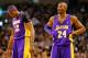 BOSTON, MA - FEBRUARY 7: Kobe Bryant #24 and Dwight Howard #12 of the Los Angeles Lakers look on following a foul against the Boston Celtics during the game on February 7, 2013 at TD Garden in Boston, Massachusetts. NOTE TO USER: User expressly acknowledges and agrees that, by downloading and or using this photograph, User is consenting to the terms and conditions of the Getty Images License Agreement. (Photo by Jared Wickerham/Getty Images)