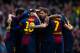 BARCELONA, SPAIN - FEBRUARY 10: Lionel Messi of FC Barcelona (C) celebrates with his teammates after scoring his team's second goal during the La Liga match between FC Barcelona and Getafe CF at Camp Nou on February 10, 2013 in Barcelona, Spain. (Photo by David Ramos/Getty Images)