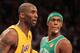 LOS ANGELES, CA - JUNE 15: Rajon Rondo #9 of the Boston Celtics looks on as he stands next to Kobe Bryant #24 of the Los Angeles Lakers in Game Six of the 2010 NBA Finals at Staples Center on June 15, 2010 in Los Angeles, California. NOTE TO USER: User expressly acknowledges and agrees that, by downloading and/or using this Photograph, user is consenting to the terms and conditions of the Getty Images License Agreement. (Photo by Ronald Martinez/Getty Images)