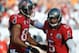 TAMPA, FL - DECEMBER 9: Wide receiver Vincent Jackson #83 of the Tampa Bay Buccaneers celebrates with quarterback Josh Freeman #5 after a touchdown against the Philadelphia Eagles December 9, 2012 at Raymond James Stadium in Tampa, Florida. The Eagles won 23 - 21. (Photo by Al Messerschmidt/Getty Images)