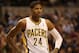 Jan 30, 2013; Indianapolis, IN, USA; Indiana Pacers small forward Paul George (24) stands on the free throw line against the Detroit Pistons during the second half at Bankers Life Fieldhouse. Indiana won 98-79. Mandatory Credit: Pat Lovell-USA TODAY Sports