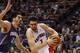 April 3, 2012; Toronto, ON, CANADA; Toronto Raptors forward Andrea Bargnani (7) drives to the basket against Charlotte Bobcats center Byron Mullens (22) during the first half at the Air Canada Centre. Mandatory Credit: John E. Sokolowski-USA TODAY Sports