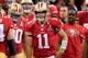 NEW ORLEANS, LA - FEBRUARY 03: Alex Smith #11 of the San Francisco 49ers looks on from the sideline against the Baltimore Ravens during Super Bowl XLVII at the Mercedes-Benz Superdome on February 3, 2013 in New Orleans, Louisiana. The Ravens won 34-31. (Photo by Jamie Squire/Getty Images)