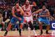 Nov 3, 2012; Chicago, IL, USA; Chicago Bulls power forward Carlos Boozer (center) is boxed out by New Orleans Hornets power forward Ryan Anderson (left) and small forward Darius Miller (right) during the second half at the United Center. The Hornets won 89-82. Mandatory Credit: Dennis Wierzbicki-USA TODAY Sports