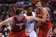 Feb 13, 2013; Los Angeles, CA, USA; Houston Rockets center Omer Asik (3) and small forward Chandler Parsons (25) and Los Angeles Clippers center DeAndre Jordan (6) look for a rebound during the game at the Staples Center. Mandatory Credit: Jayne Kamin-Oncea-USA TODAY SPORTS