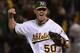 OAKLAND, CA - OCTOBER 09: Grant Balfour #50 of the Oakland Athletics celebrates after the Athletics defeats the Detroit Tigers 2 to 0 in Game Three of the American League Division Series at Oakland-Alameda County Coliseum on October 9, 2012 in Oakland, California. (Photo by Thearon W. Henderson/Getty Images)