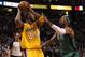 Feb 09, 2012; Boston, MA, USA; Boston Celtics small forward Paul Pierce (34) defends in the first half against Los Angeles Lakers shooting guard Kobe Bryant (24) at the TD Garden. Mandatory Credit: David Butler II-USA TODAY Sports